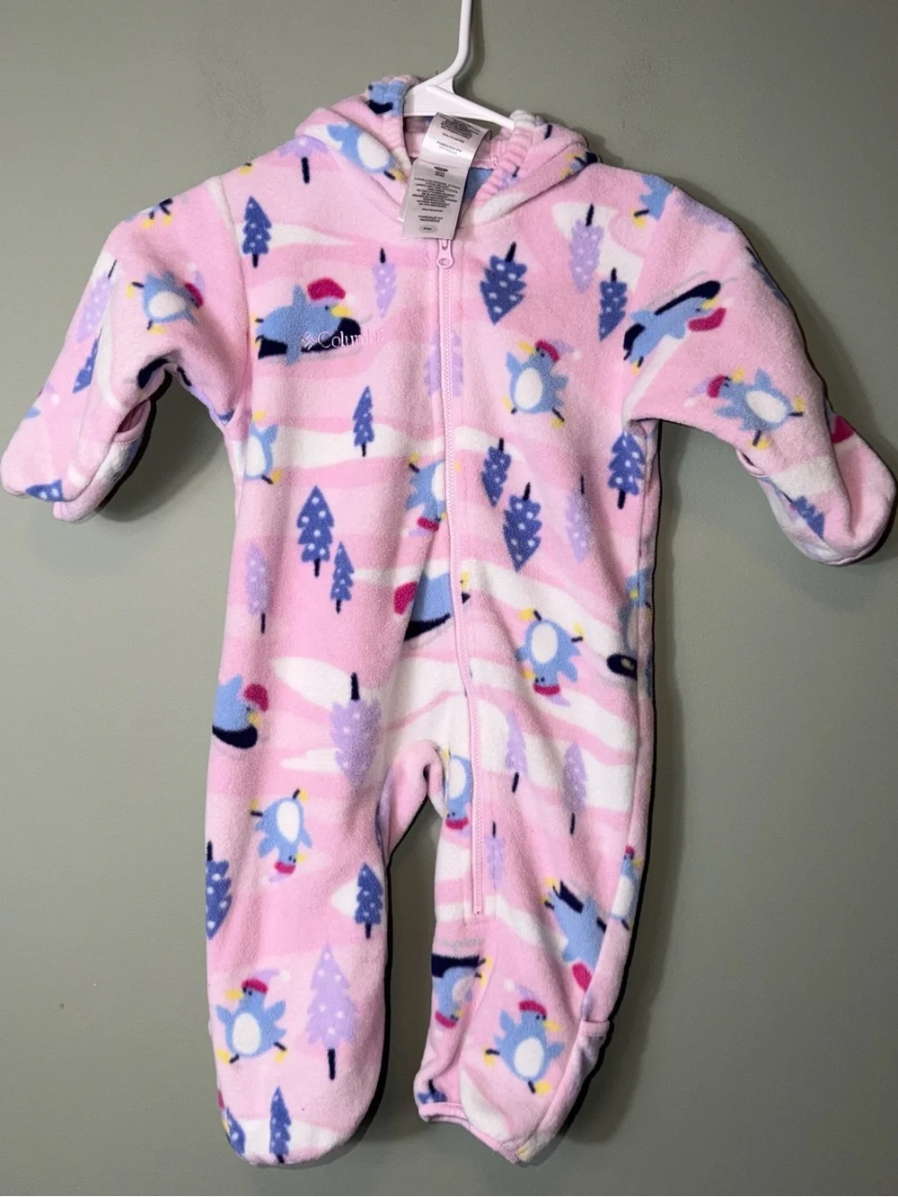 Columbia brand pink fleece hooded bunting penguin tree pattern 12 Months